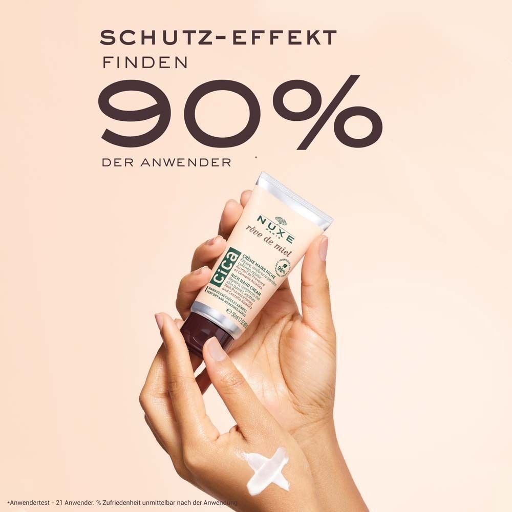 Hand hält eine Tube Handcreme. Aufdruck: Nuxe, Rêve de Miel, Cica. Auf der Hand ein Klecks Creme. Hintergrund: hellbraun.