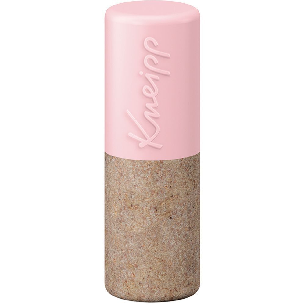 Lippenpflegestift. Rosa Kappe mit geprägtem Logo. Unterteil aus braunem Material. Steht aufrecht.