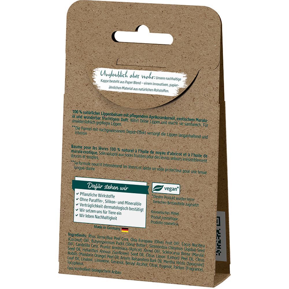 Rückseite der Pappverpackung mit Text. Enthält Informationen über Inhaltsstoffe und Zertifizierungen.