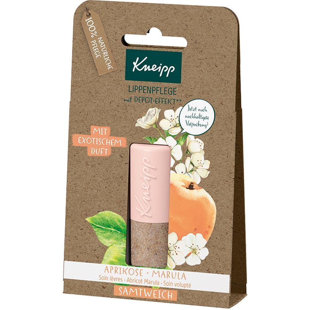 Lippenpflegestift in Pappverpackung. Marke Kneipp® und Produktname sind sichtbar. Mit exotischem Duft.