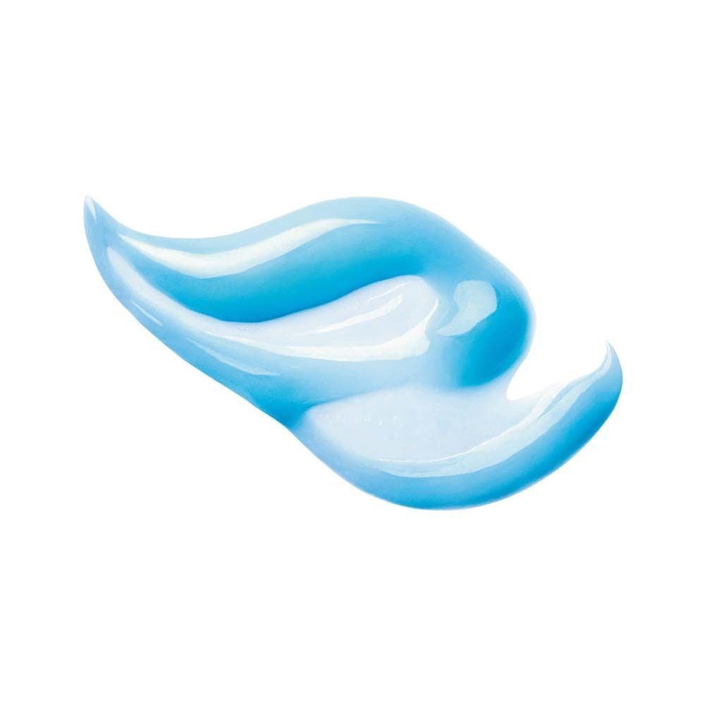 Blaues Gel in geschwungener Form auf weißem Hintergrund.