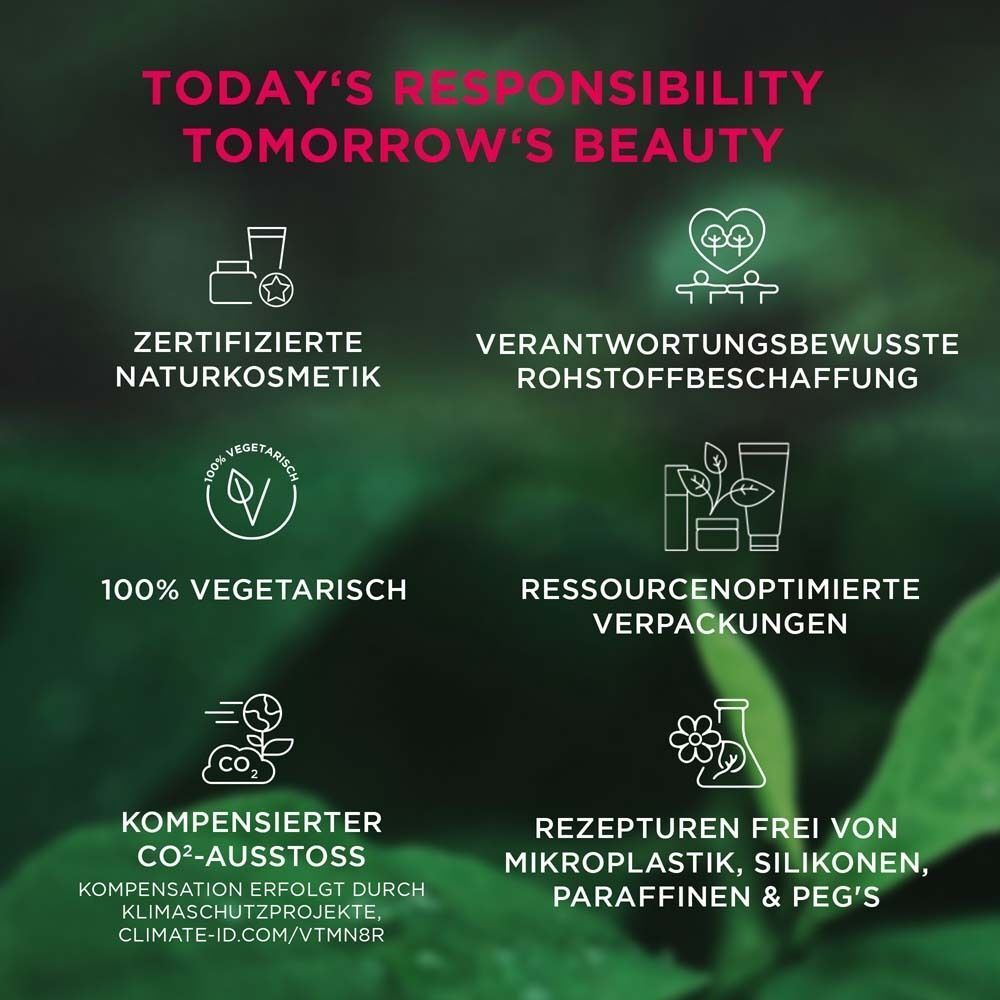 Symbole für Naturkosmetik, Vegetarisch, CO2-Kompensation und Verpackung.