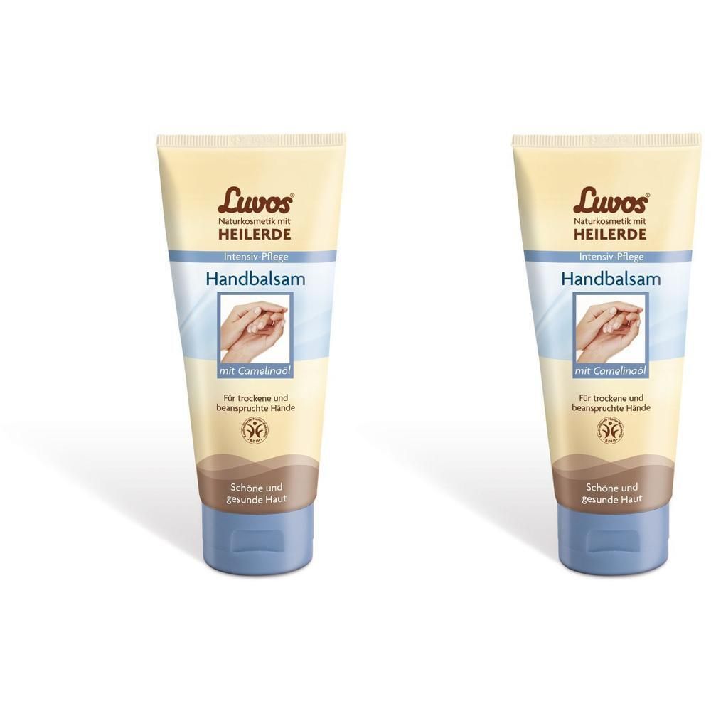 Zwei Tuben Handbalsam. Beige-blaue Verpackung mit Produktnamen und Logo. Abbildung von Händen.