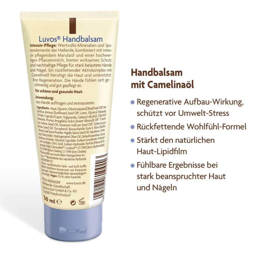 Rückseite der Handbalsam-Tube. Text mit Inhaltsstoffen und Anwendung. Auflistung der Vorteile. 50 ml.