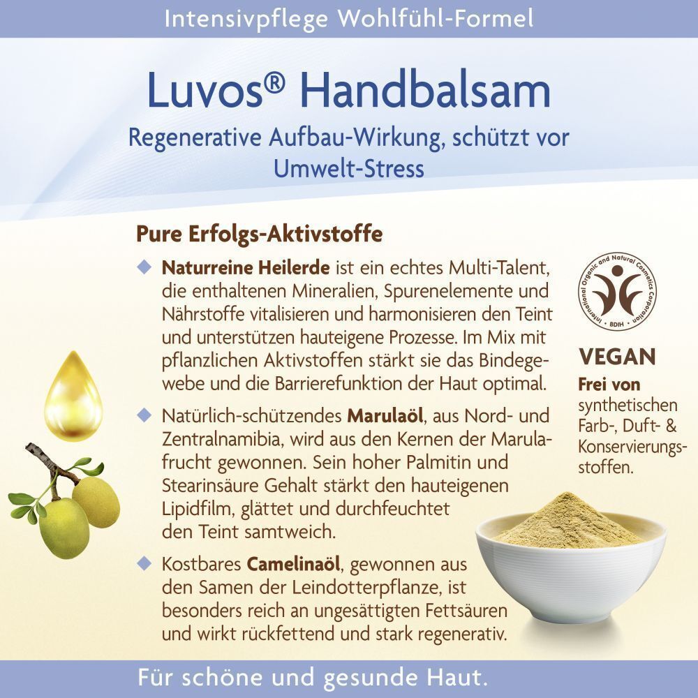 Werbetext mit Inhaltsstoffen und Vorteilen. Abbildungen von Marulaöl, Kamelienöl und Heilerde. Vegan-Siegel.