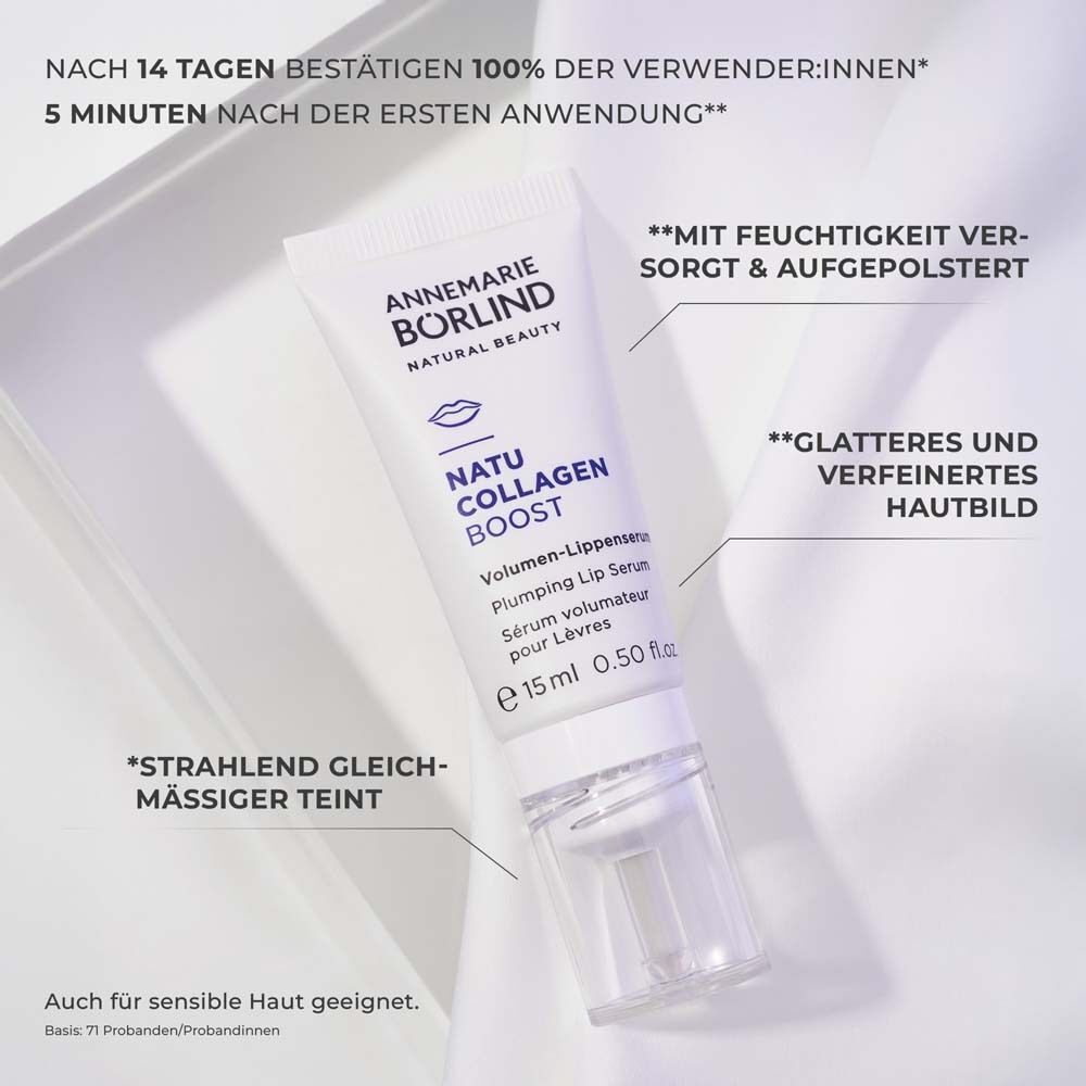 ANNEMARIE BÖRLIND Natu Collagen Boost Volumen-Lippenserum mit Hinweisen zu Feuchtigkeit und Hautbild.