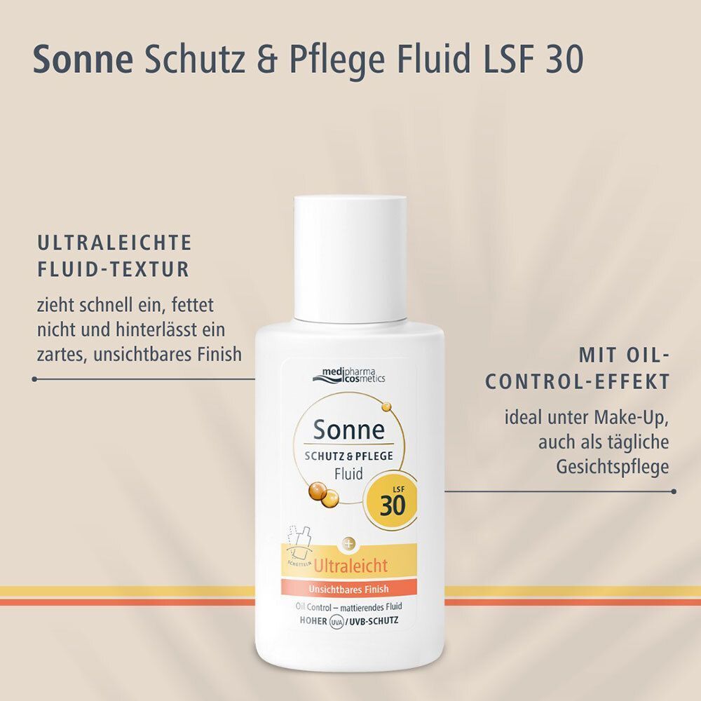 Eine Flasche Sonnenfluid mit Text. Aufschrift: Sonne Schutz & Pflege Fluid LSF 30. Text: ultraleichte Fluid-Textur, zieht schnell ein.