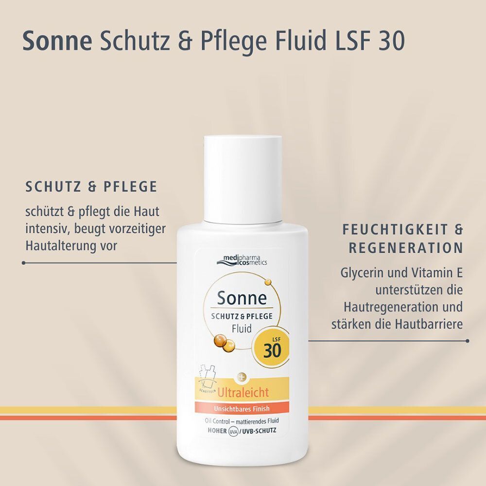 Eine Flasche Sonnenfluid mit Text. Aufschrift: Sonne Schutz & Pflege Fluid LSF 30. Text: Schutz & Pflege, Feuchtigkeit & Regeneration.