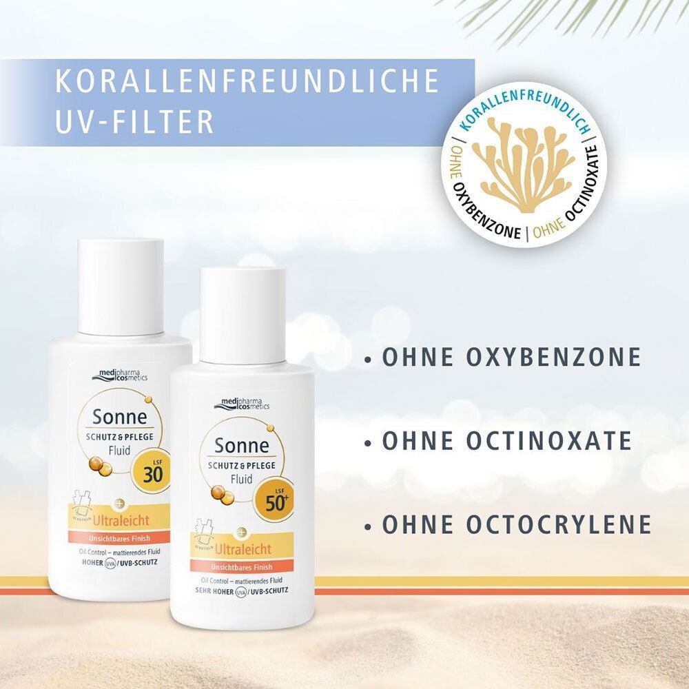 Zwei Flaschen Sonnenfluid. Aufschrift: Sonne Schutz & Pflege Fluid LSF 30 und 50. Text: Korallenfreundliche UV-Filter. Ohne Oxybenzon.