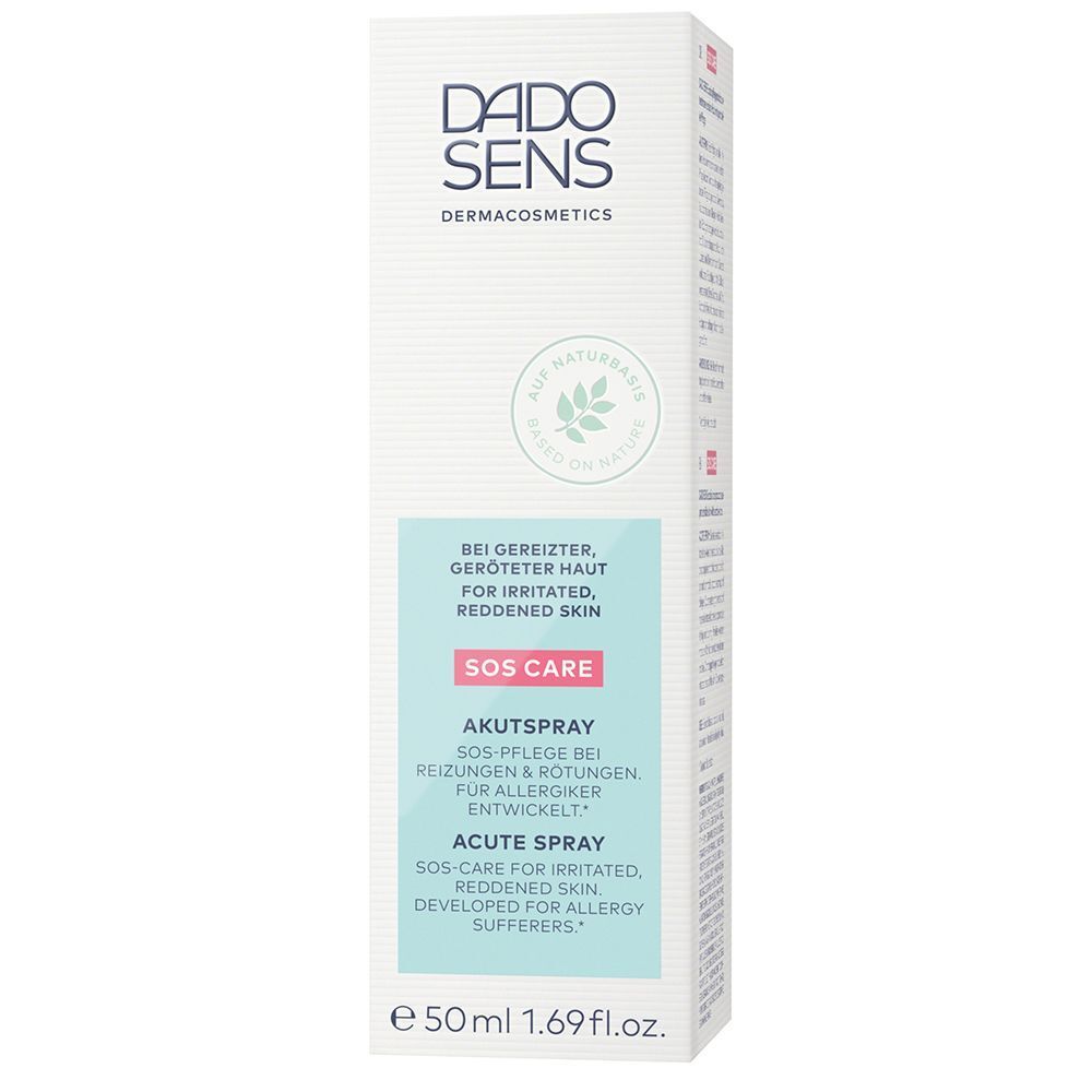 Weiße Kartonverpackung für DADO SENS SOS CARE Akutspray, 50ml.