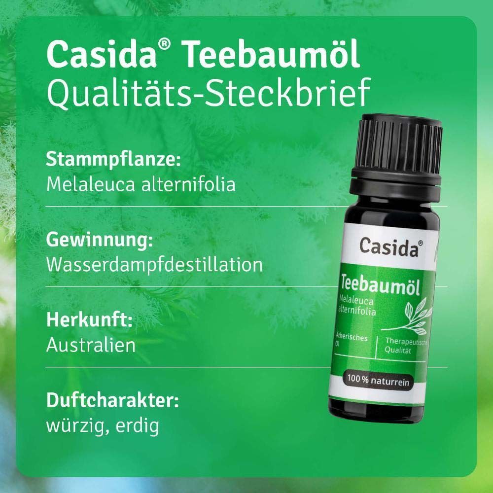 Infografik mit Flasche Casida® Teebaumöl. Informationen: Herkunft Australien, Gewinnung Wasserdampfdestillation, Duftcharakter würzig.