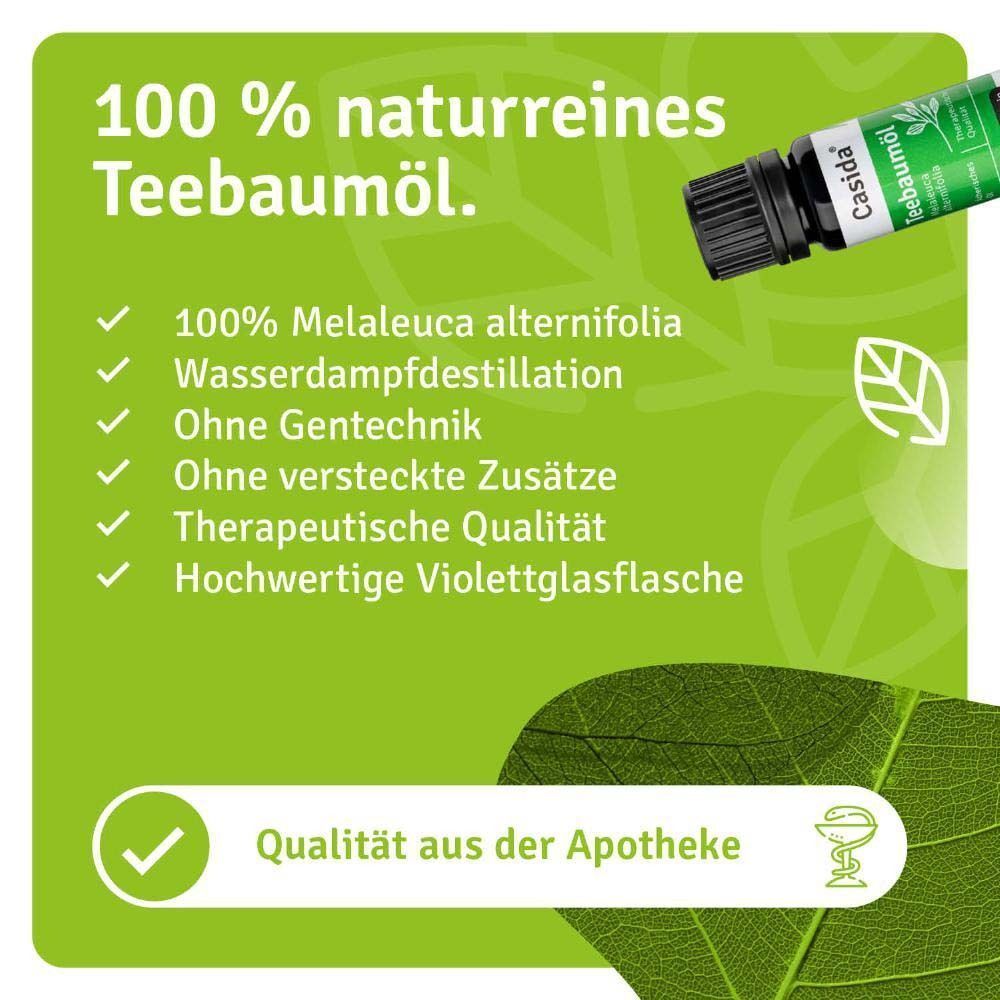 Infografik mit Flasche Casida® Teebaumöl. 100% naturreines Teebaumöl. Merkmale: 100% Melaleuca, Wasserdampfdestillation, ohne Gentechnik.