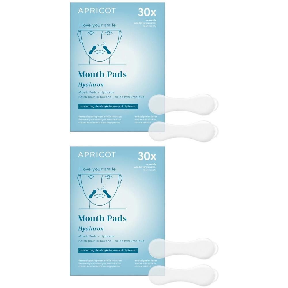 Zwei Packungen mit je 30 Mund Pads. Aufdruck: APRICOT, Mouth Pads Hyaluron. Daneben zwei Pads.