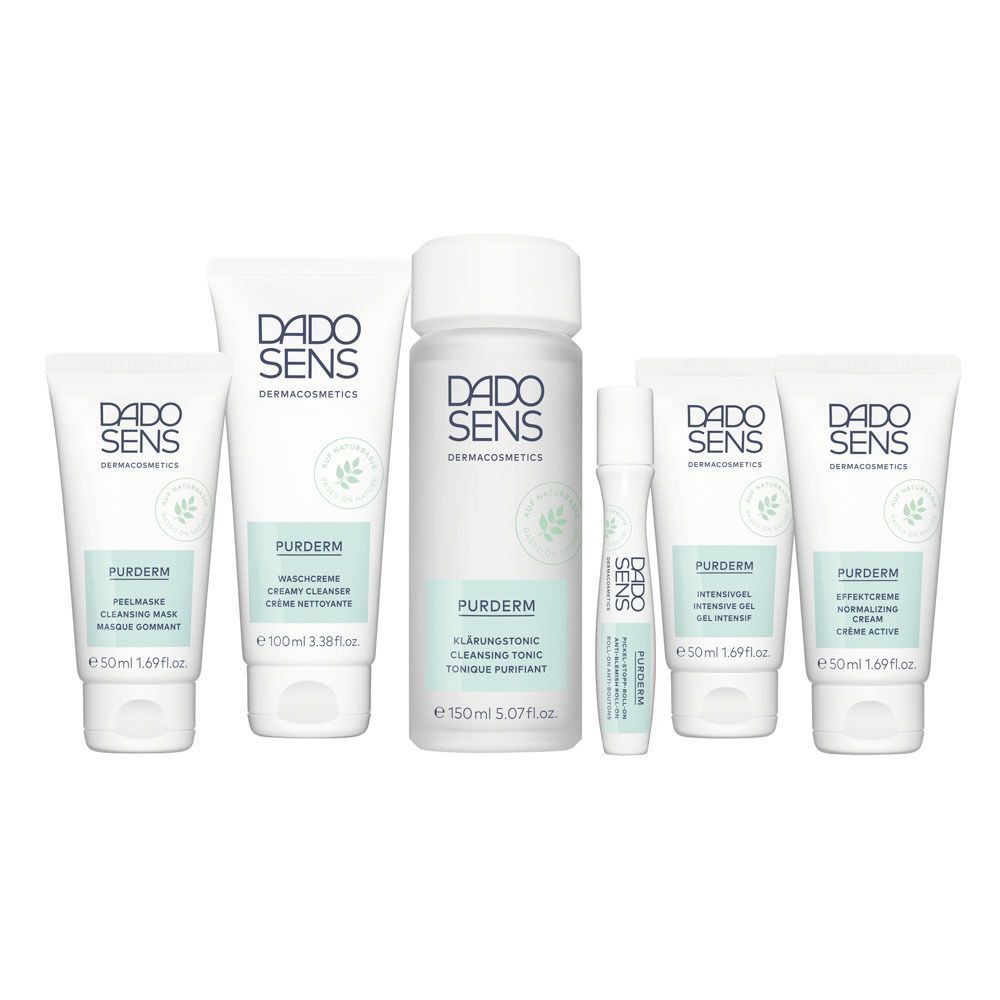 Sechs DADO SENS PURDERM Produkte: Cremes, Gel, Tonic und ein Probierröhrchen.