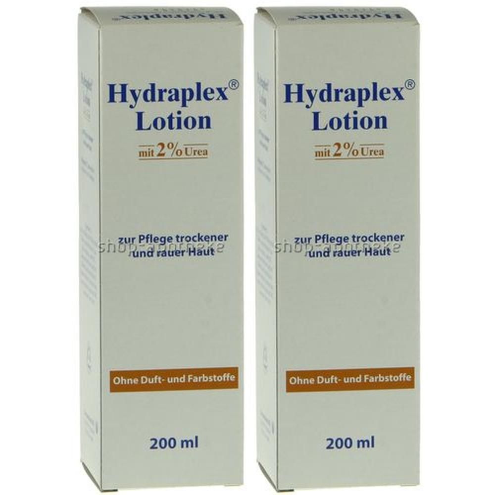 Zwei weiße Kartons mit Produktaufdruck. Aufschrift: Hydraplex Lotion mit 2% Urea. Text: Zur Pflege trockener und rauer Haut. Ohne Duft- und Farbstoffe.
