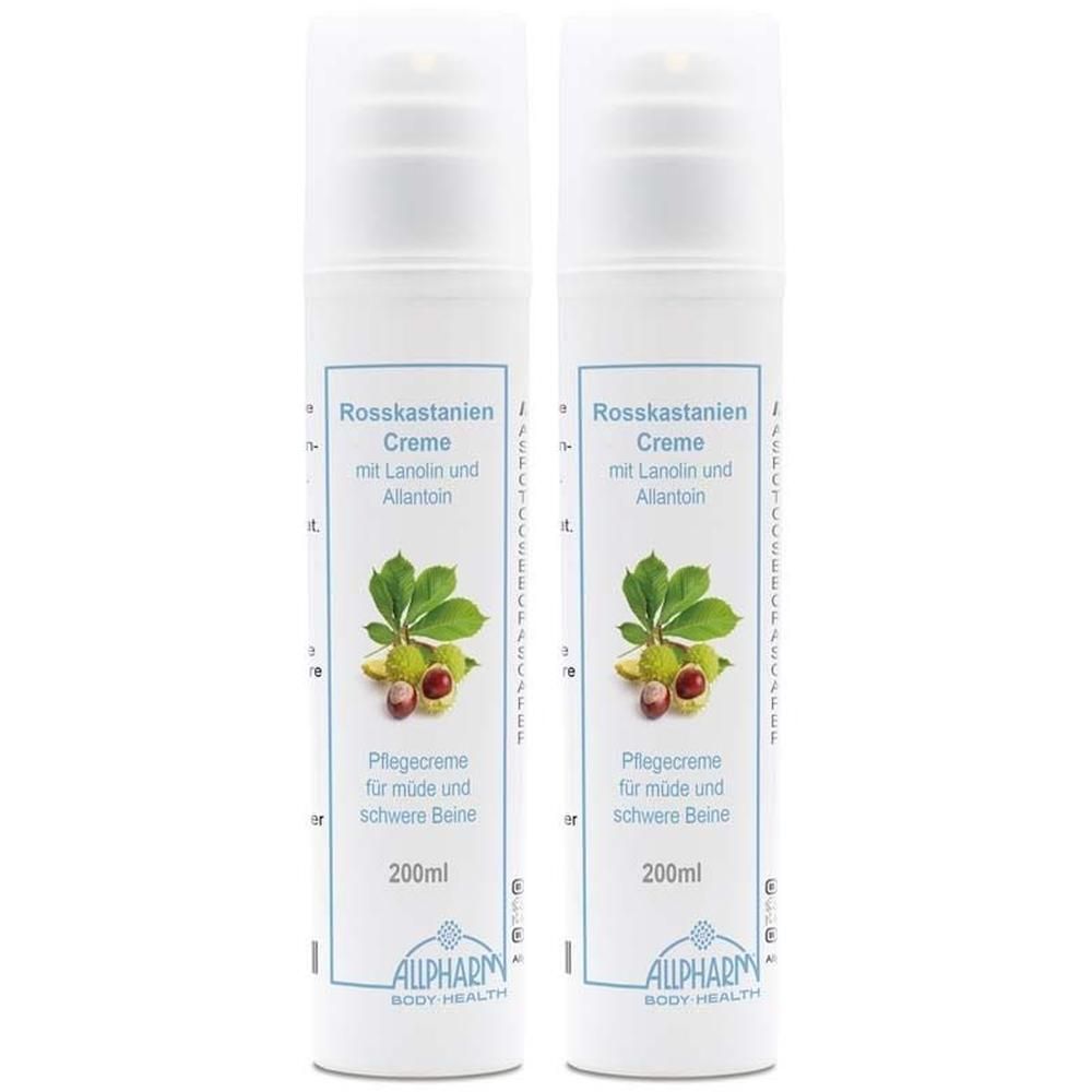 Zwei weiße Pumpflaschen mit Produktetikett. Aufschrift: Rosskastanien Creme, 200ml, ALLPHARM. Abbildung von Rosskastanie.