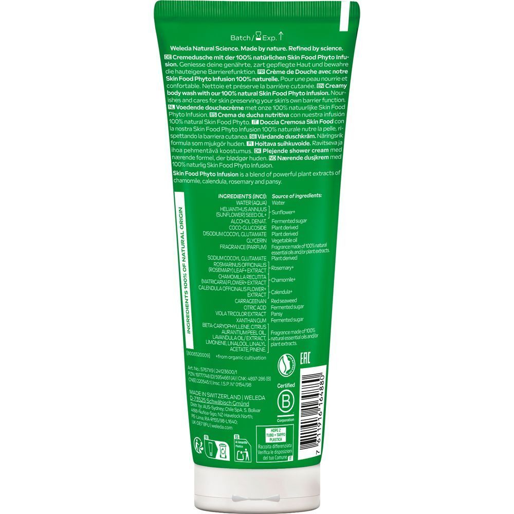 Rückseite einer grünen Tube. Text: Inhaltsstoffe, 100% natürlicher Ursprung. B Corp-Zertifizierung. Text in mehreren Sprachen.