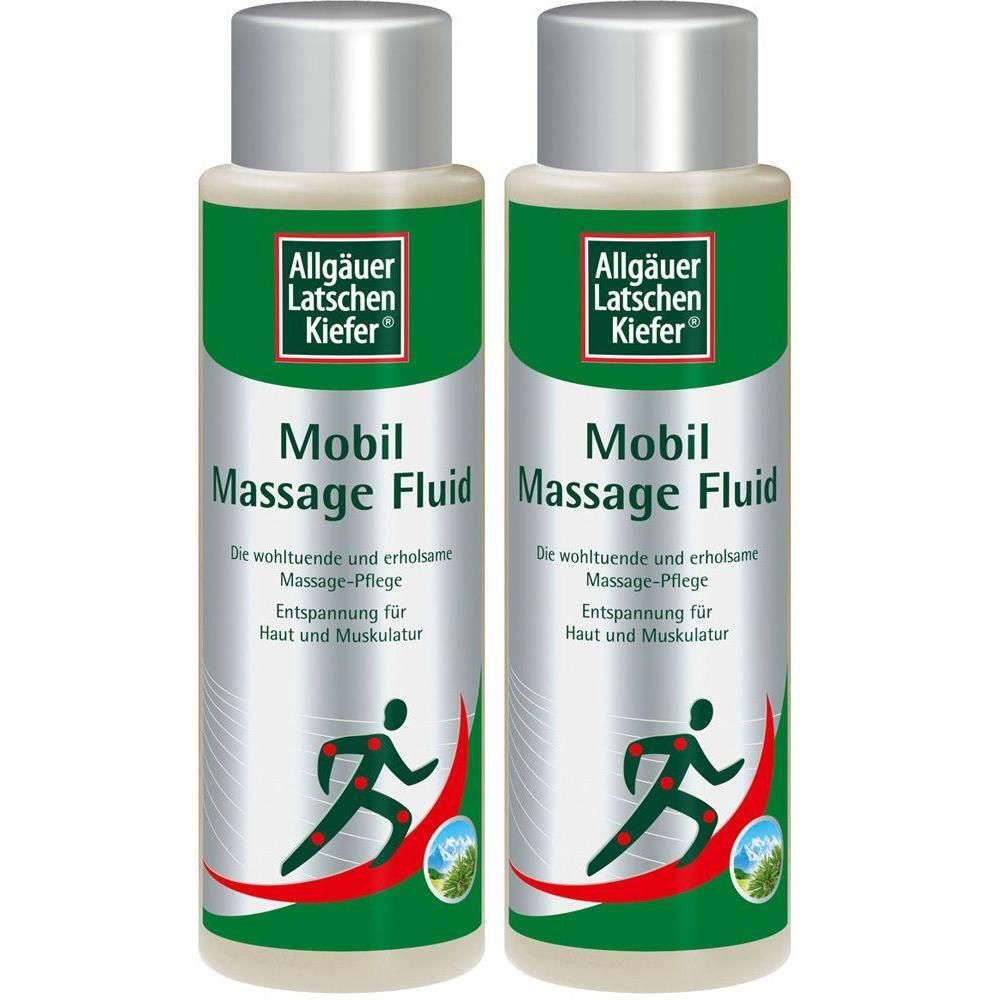 Zwei Flaschen Mobil Massage Fluid. Aufschrift: Allgäuer Latschen Kiefer. Grün-silberne Etiketten mit Läufer-Symbol.
