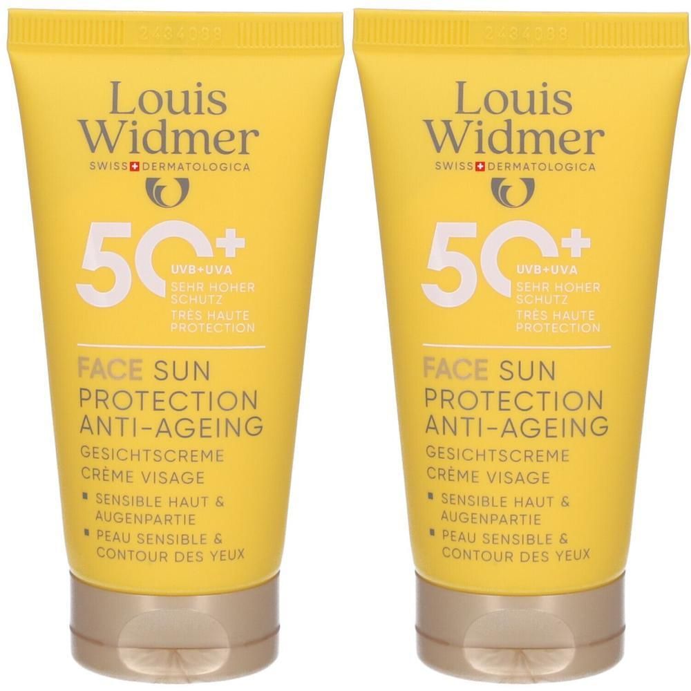 Zwei gelbe Tuben mit Sonnencreme. Aufschrift: Louis Widmer, 50+ UV-Schutz, Face Sun Protection Anti-Ageing. Für sensible Haut und Augenpartie.