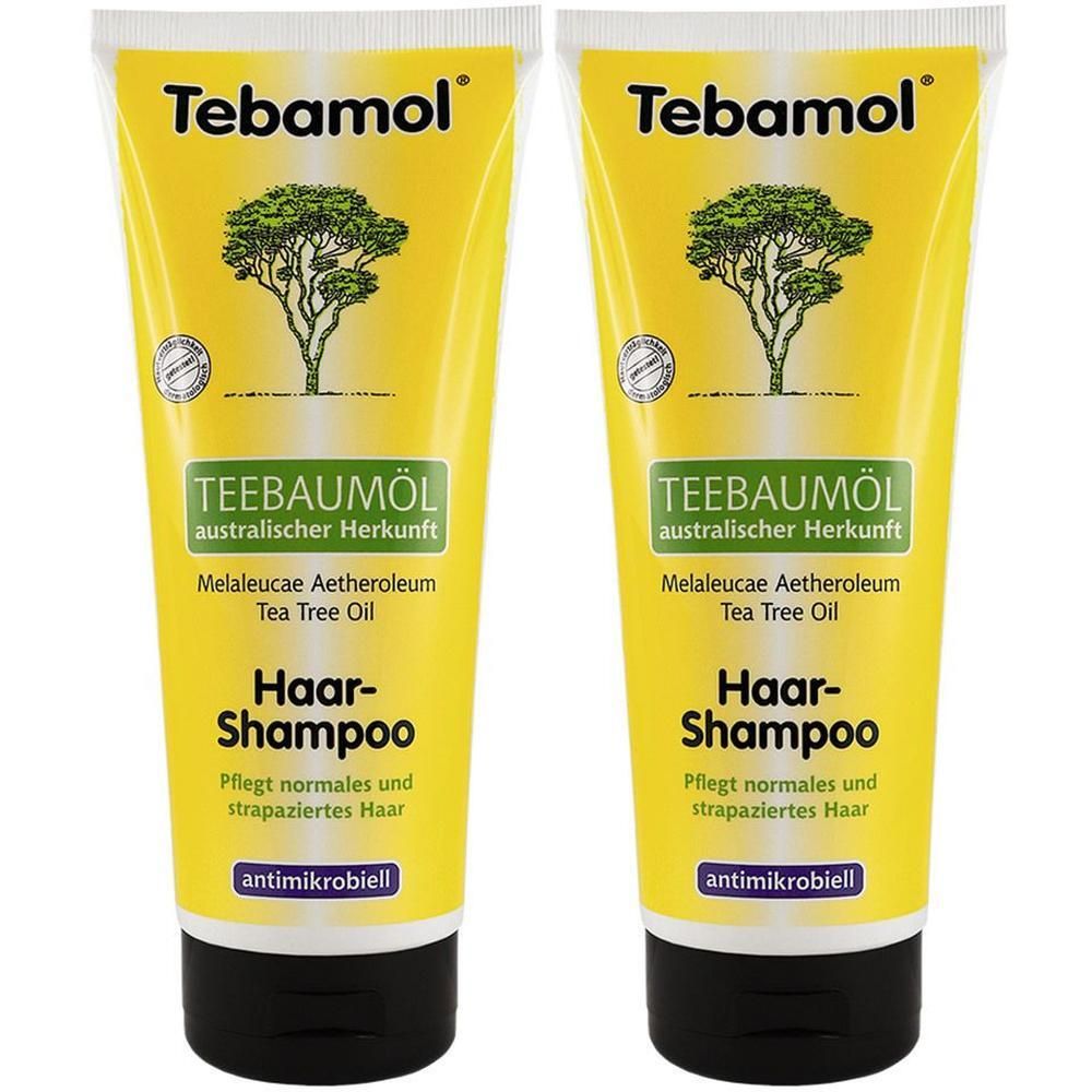Zwei gelbe Tuben mit schwarzem Verschluss. Aufschrift: Tebamol, Teebaumöl Haar-Shampoo. Enthält Melaleucae Aetheroleum.
