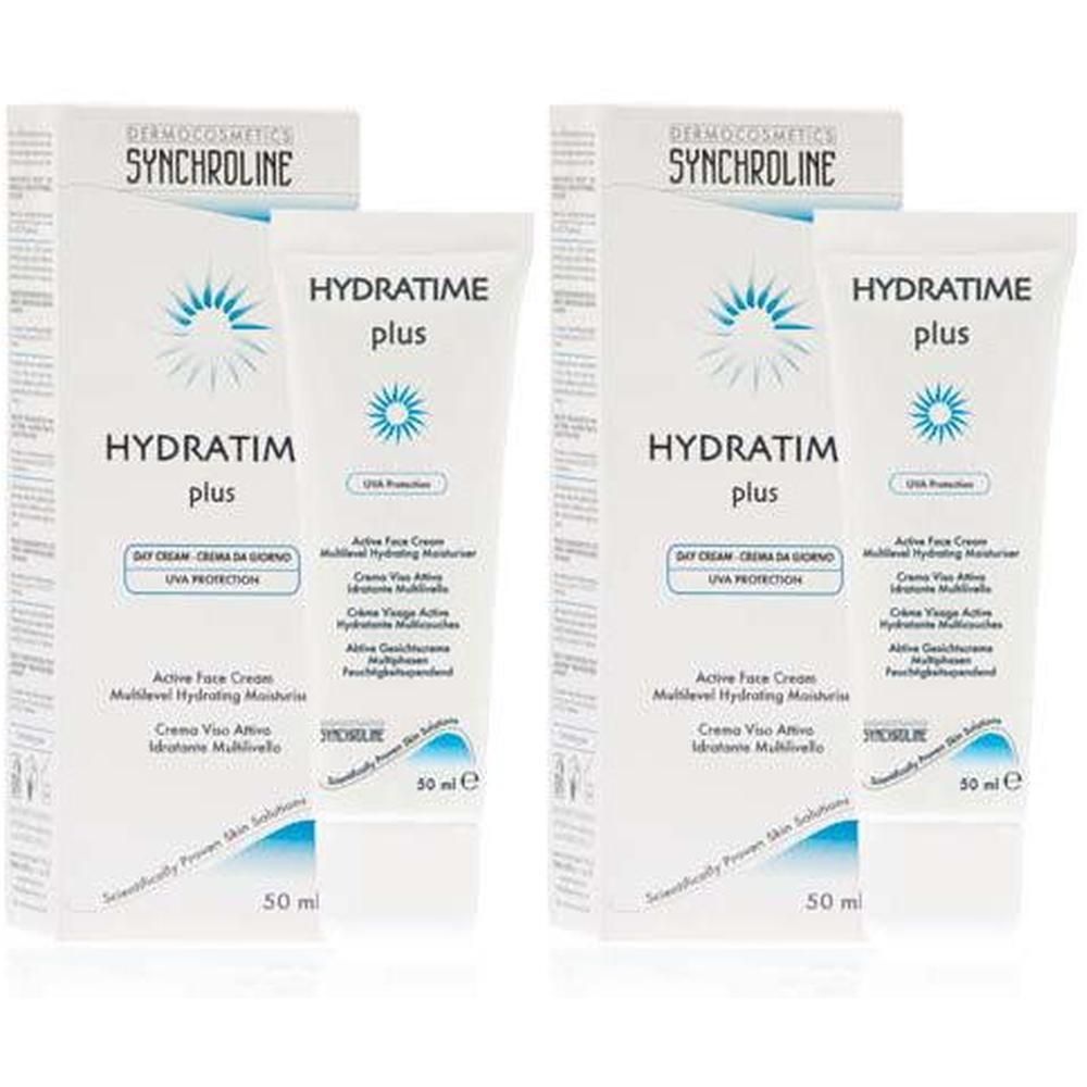 Zwei Packungen und Tuben SYNCHROLINE HYDRATIME plus Creme. Weiße Verpackung mit blauer Schrift und Logo. 50 ml.