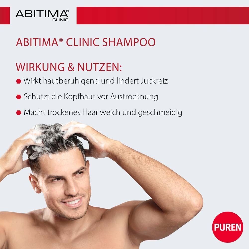 Mann wäscht sich die Haare mit Schaum. ABITIMA® CLINIC Shampoo Flasche. Text: Wirkung & Nutzen. PUREN Logo.