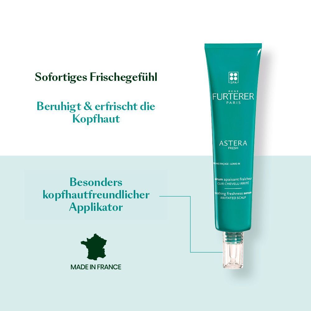 Grüne Tube mit weißem Applikator. Text: Sofortiges Frischegefühl, beruhigt & erfrischt die Kopfhaut. Made in France.