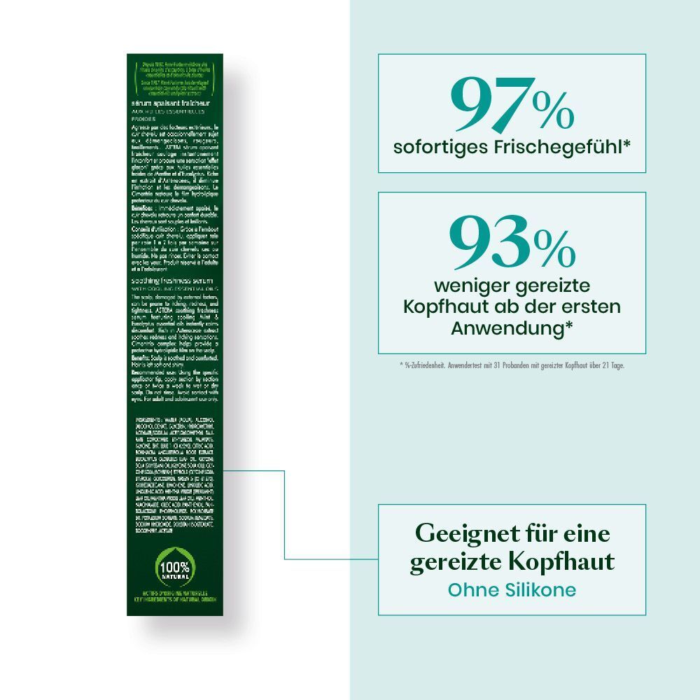Verpackung mit Text. 97% sofortiges Frischegefühl, 93% weniger gereizte Kopfhaut. Geeignet für gereizte Kopfhaut. Ohne Silikone.