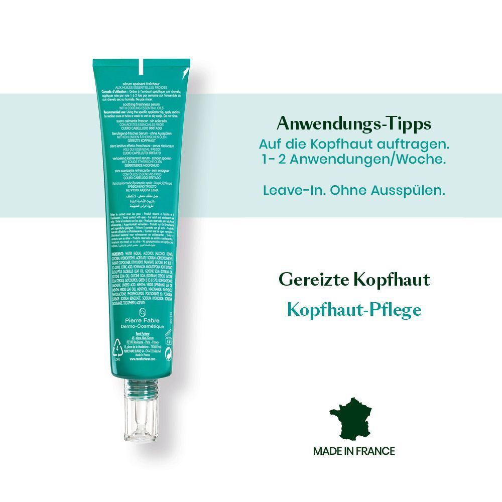 Grüne Tube mit weißem Applikator. Text: Anwendungstipps, auf die Kopfhaut auftragen, 1-2 Anwendungen/Woche. Made in France.