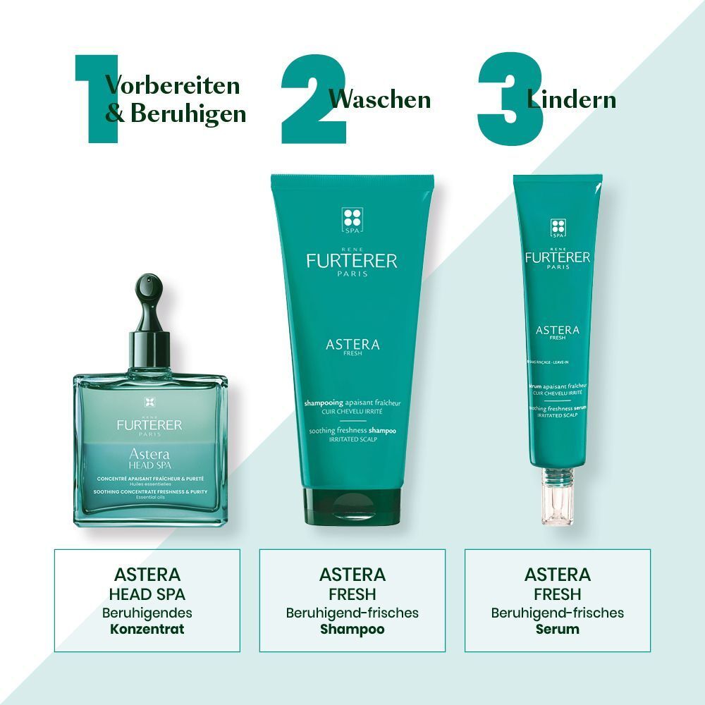 Drei Produkte nebeneinander. Astera Head Spa Konzentrat, Astera Fresh Shampoo, Astera Fresh Serum. Text: Vorbereiten & Beruhigen, Waschen, Kindern.