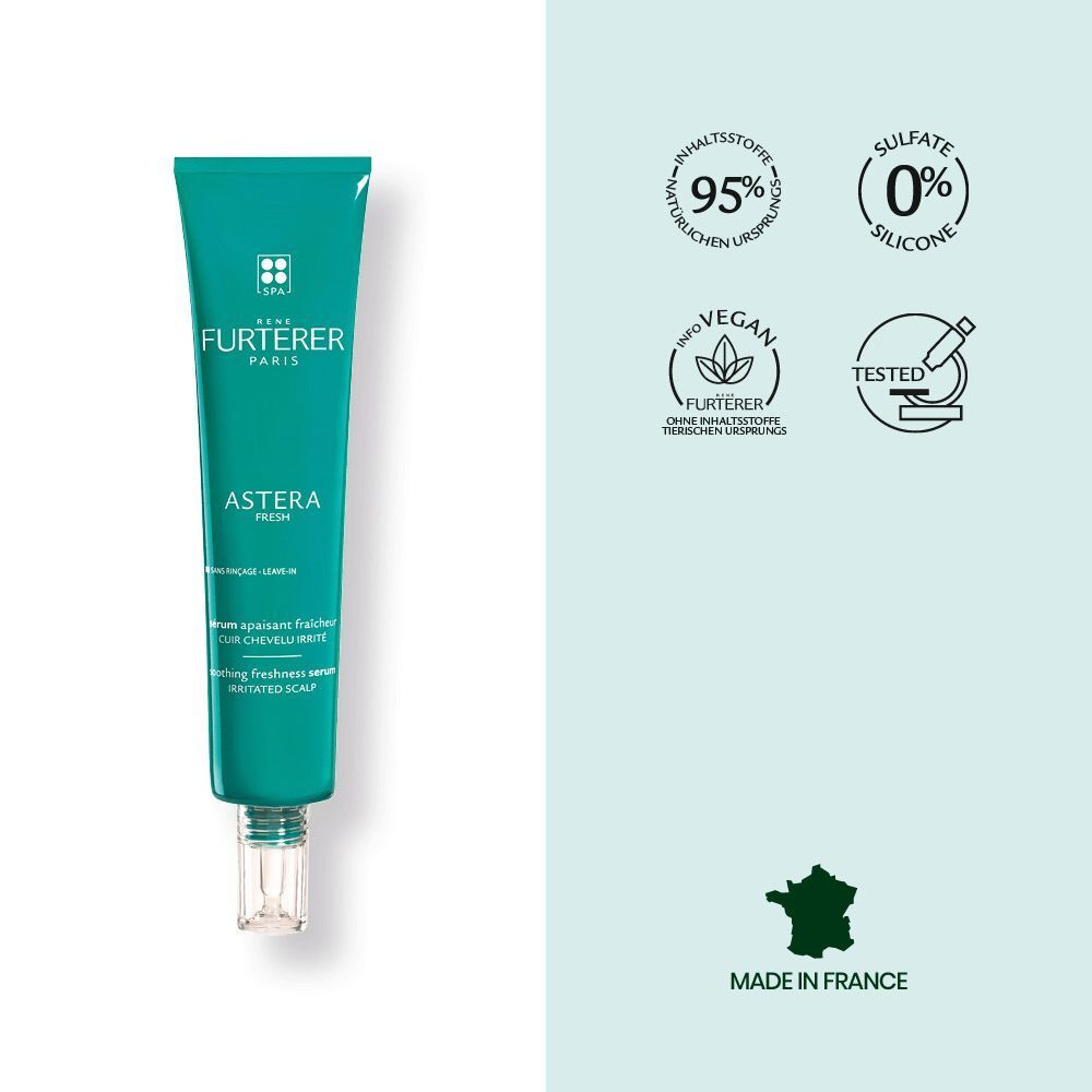 Grüne Tube mit weißem Applikator. Text: FURTERER PARIS, ASTERA FRESH, Serum apaisant fraîcheur cuir chevelu irrité. Made in France.
