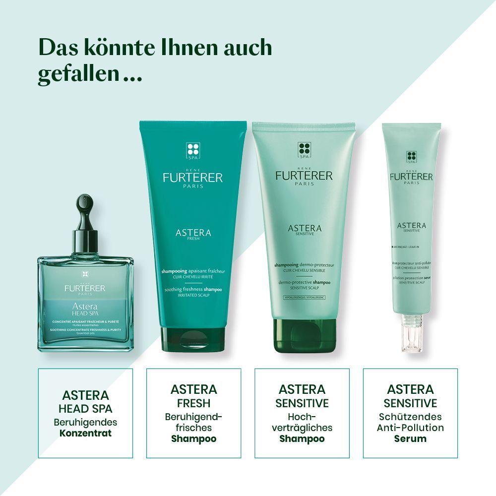 Vier Produkte nebeneinander. Astera Head Spa Konzentrat, Astera Fresh Shampoo, Astera Sensitive Shampoo, Astera Sensitive Serum.