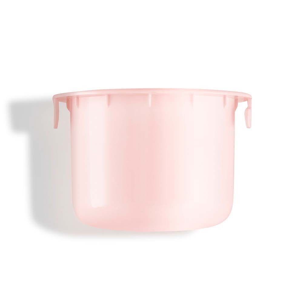 Rosa Refill-Behälter. Zylindrische Form mit zwei seitlichen Halterungen. Oberer Rand mit Aussparungen.