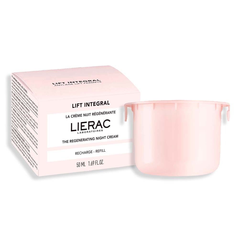 Rosa Refill-Behälter neben einer Verpackung. Auf der Verpackung steht LIERAC, Lift Integral und Text.