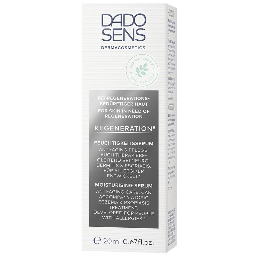 Verpackung DADO SENS REGENERATION Feuchtigkeitsserum, 20ml. Für Haut in Regeneration.