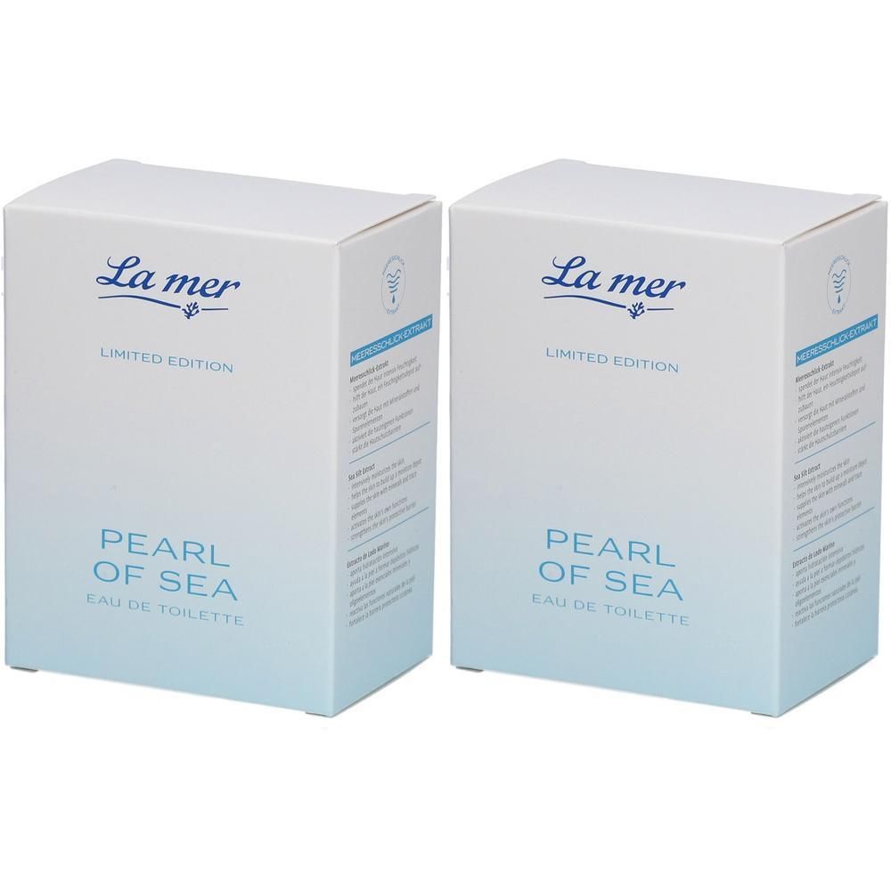 Zwei weiße Kartons mit blauem Farbverlauf. Aufschrift: La mer, LIMITED EDITION, PEARL OF SEA, EAU DE TOILETTE.