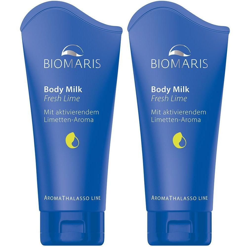 Zwei blaue Tuben. Aufschrift: BIOMARIS, Body Milk Fresh Lime, Mit aktivierendem Limetten-Aroma. Unten: AROMATHALASSO LINE.