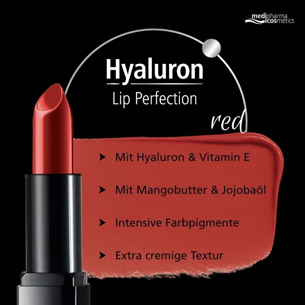 Roter Lippenstift auf rotem Farbfleck. Text: Hyaluron Lip Perfection, Inhaltsstoffe und Eigenschaften.
