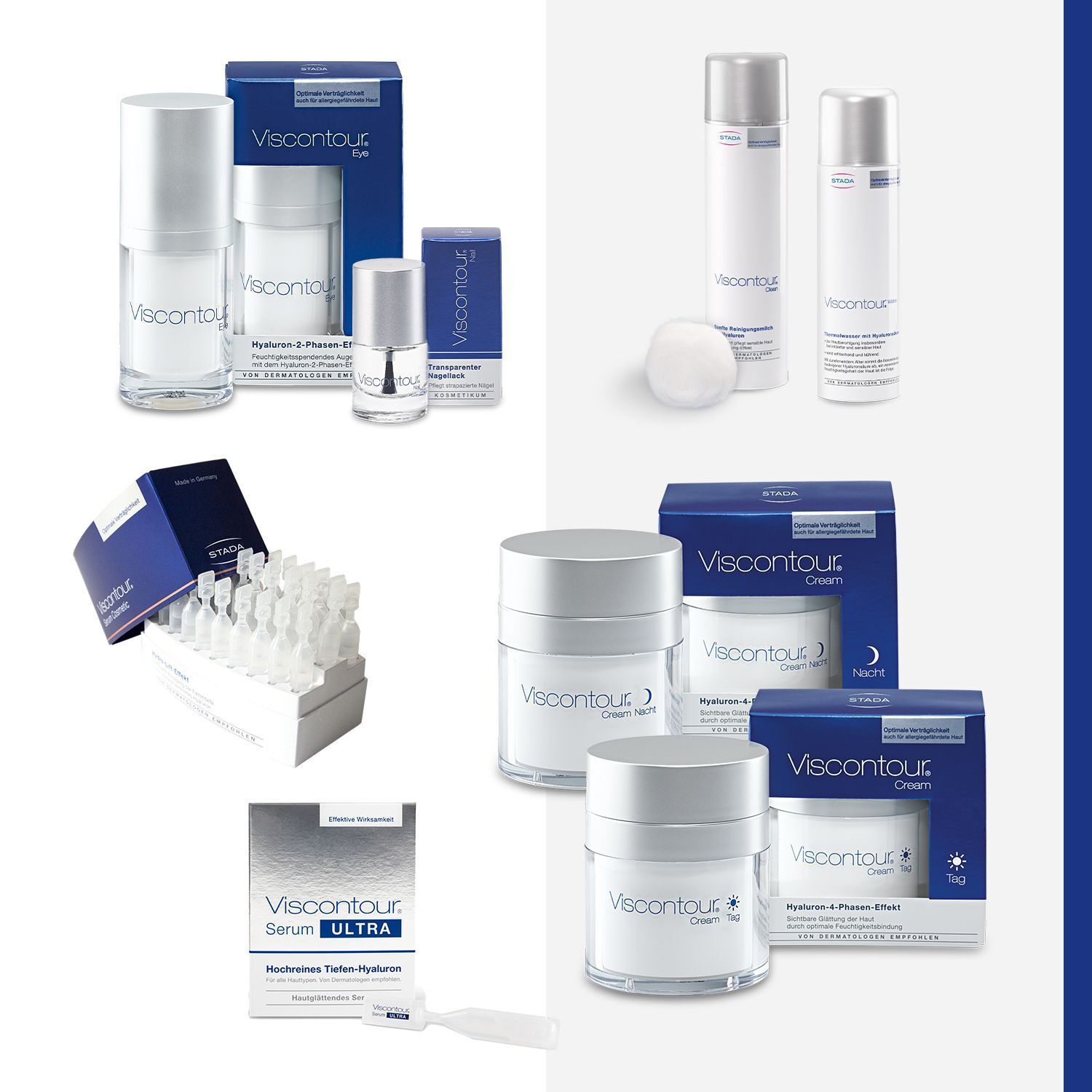 Verschiedene Viscontour® Produkte. Augengel, Cremes, Serum. Verpackungen in Blau und Weiß. Produktnamen sichtbar.