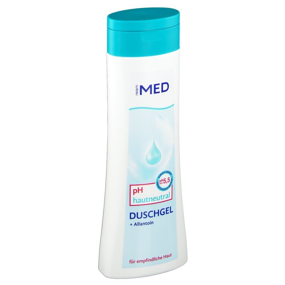 Weiße Flasche mit türkisfarbenem Deckel. Aufschrift: MED, pH 5,5 hautneutral DUSCHGEL + Allantoin. Tropfensymbol.