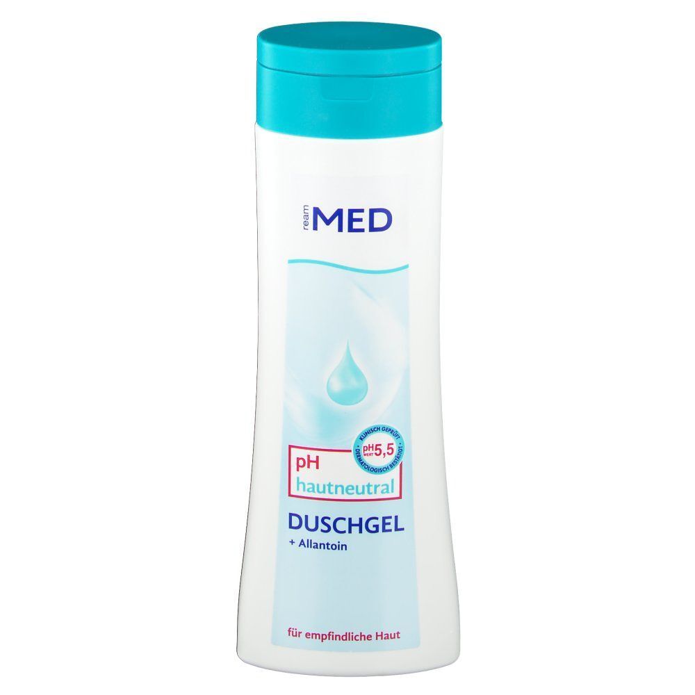Weiße Flasche mit türkisfarbenem Deckel. Aufschrift: MED, pH 5,5 hautneutral DUSCHGEL + Allantoin. Tropfensymbol.