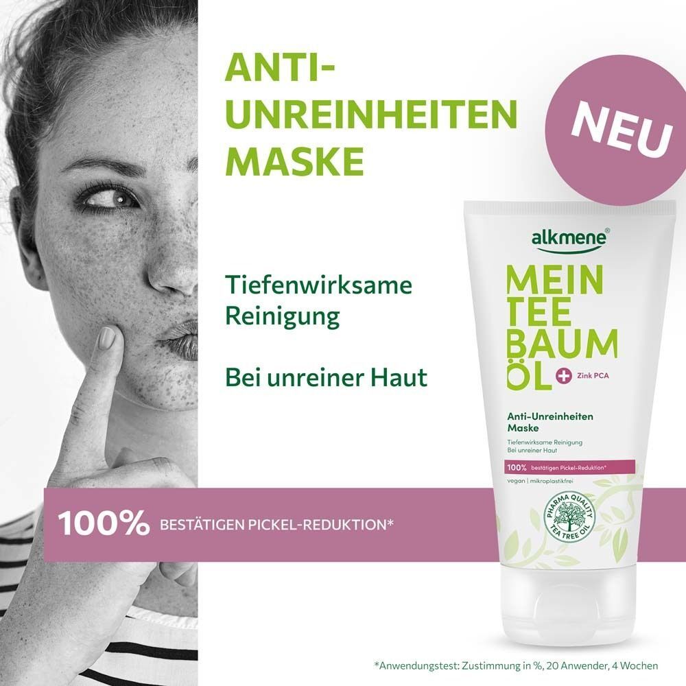 Frau mit Hautunreinheiten. Daneben Tube ALKMENE Mein Teebaumöl Anti-Unreinheiten Maske. Text: Anti-Unreinheiten Maske, Tiefenwirksame Reinigung.