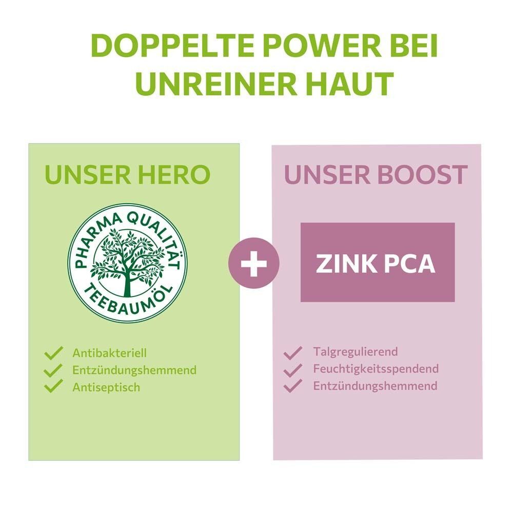Grafik: Unser Hero (Teebaumöl) und Unser Boost (Zink PCA). Text: antibakteriell, entzündungshemmend, antiseptisch, talgregulierend.