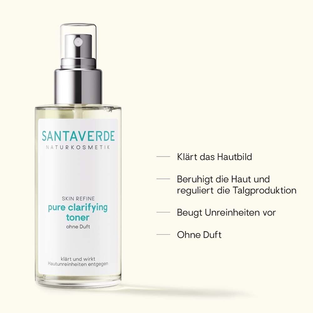 SANTAVERDE Toner-Flasche. Klare Flüssigkeit in Glasflasche mit Sprühkopf. Text: pure clarifying toner, ohne Duft.