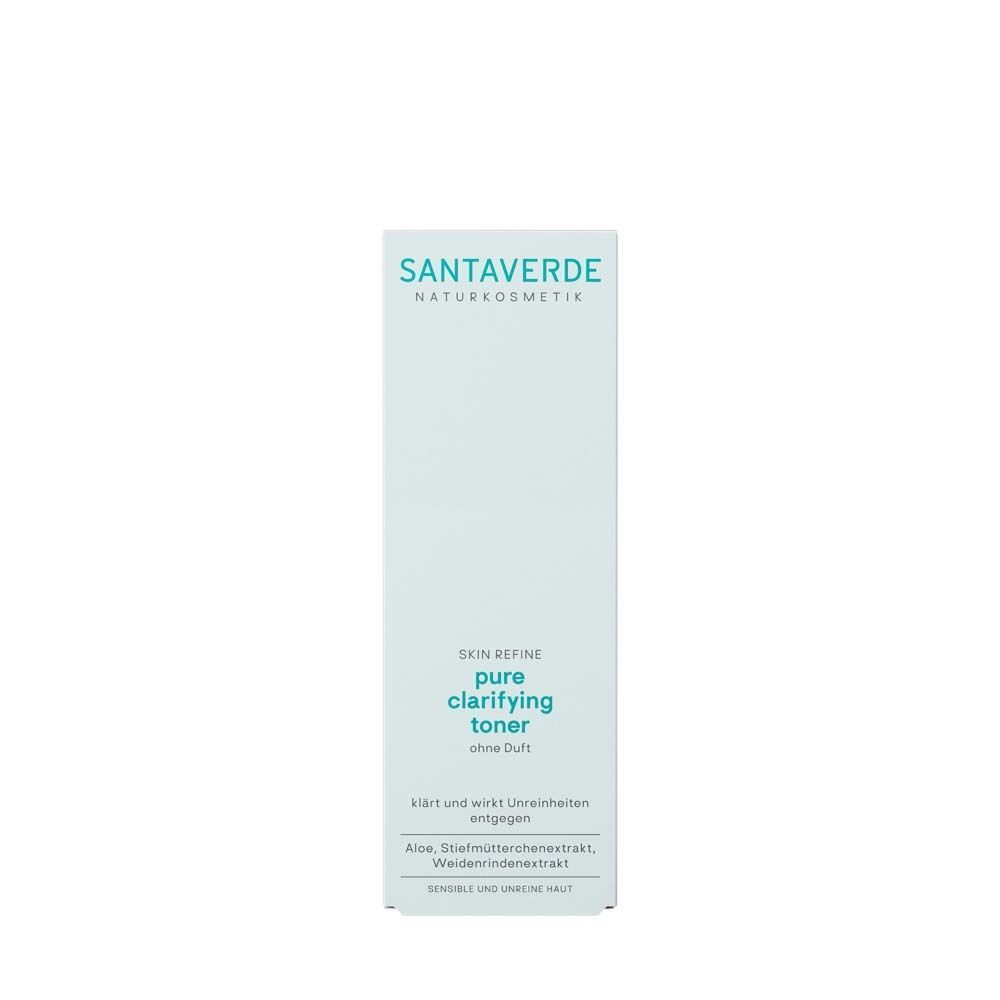 SANTAVERDE Toner-Verpackung. Hellblaue Schachtel mit Produktinformationen. Aufschrift: pure clarifying toner.