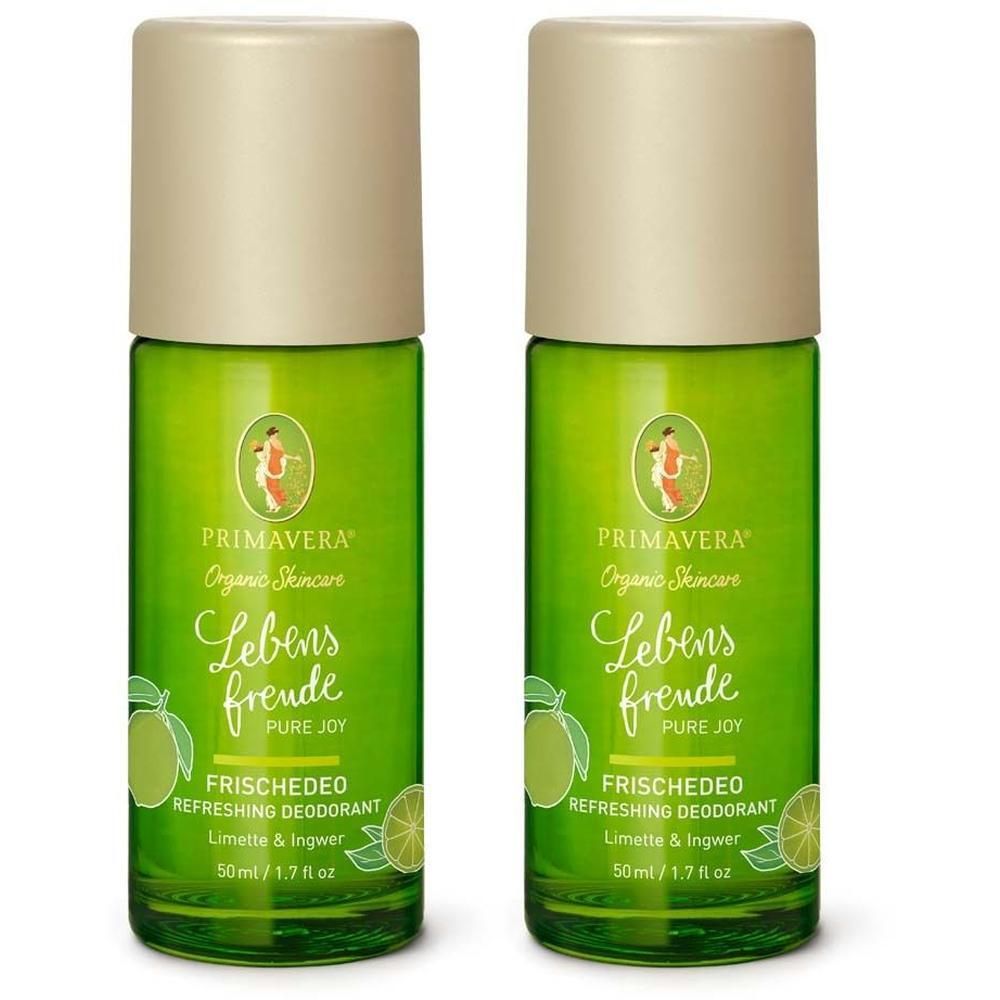 Zwei grüne Deoroller mit beigem Deckel. Aufschrift: Primavera, Lebensfreude, Frischedeo, Limette & Ingwer. 50ml.