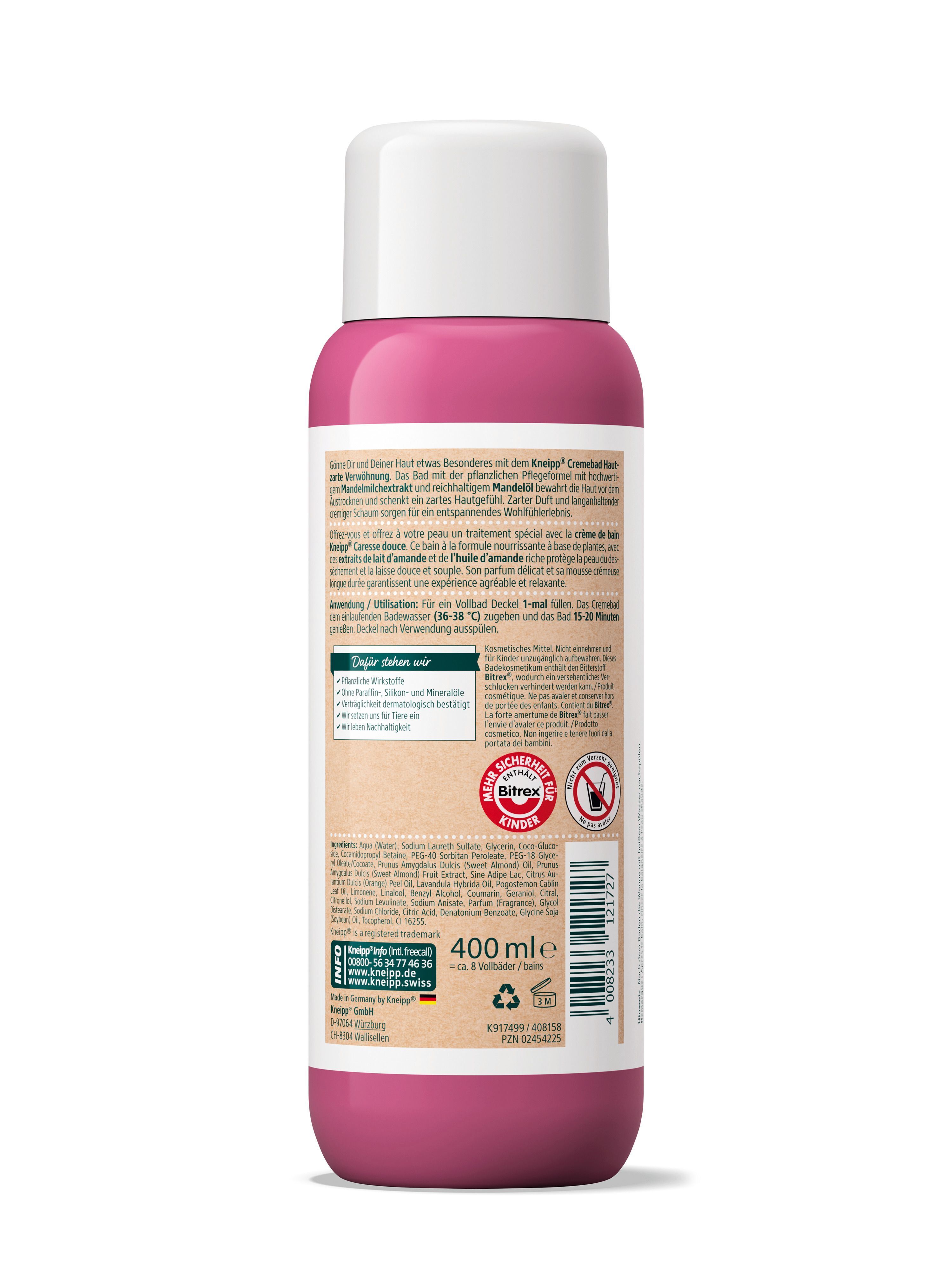 Rückseite einer rosa Flasche Cremebad mit weißem Deckel. Text: Kneipp, Inhaltsstoffe, Warnhinweise, Recycling-Logo, 400 ml.