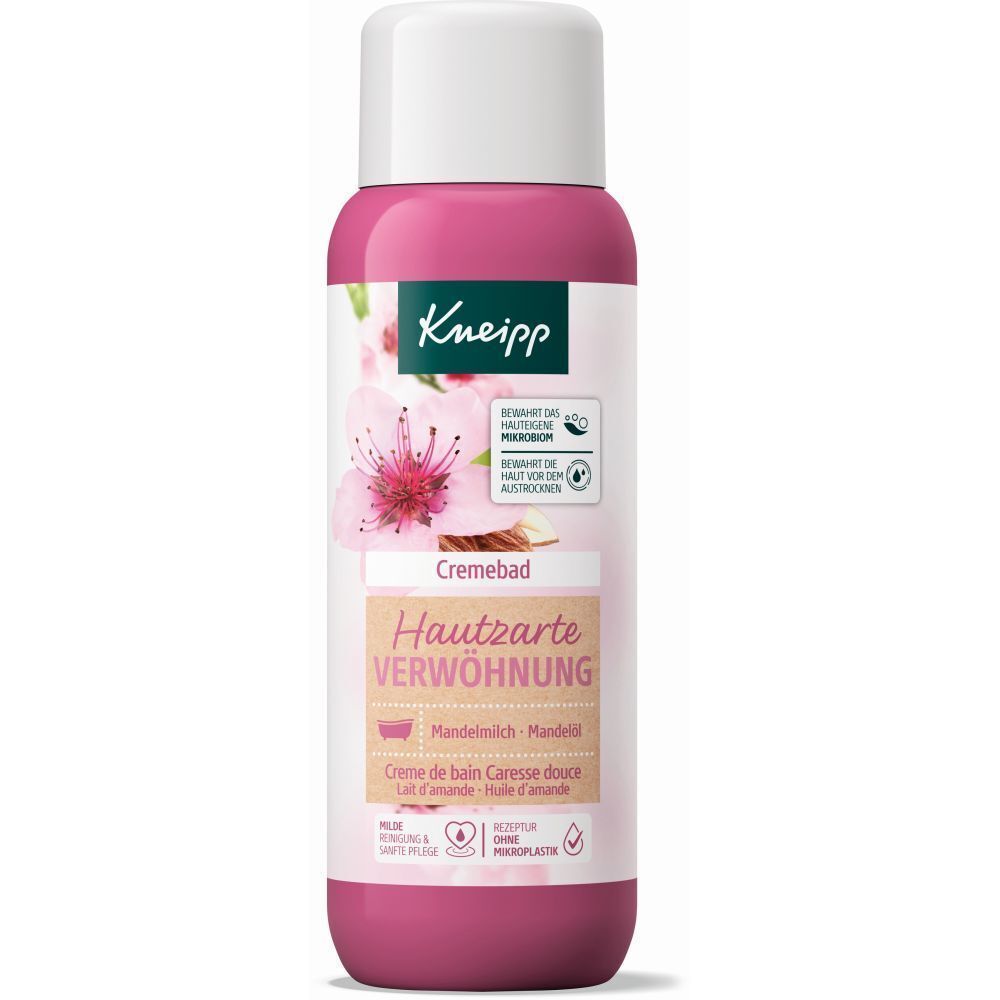 Rosa Flasche Cremebad mit weißem Deckel. Aufdruck: Kneipp, Cremebad Hautzarte Verwöhnung, Mandelmilch, Blüten-Design.