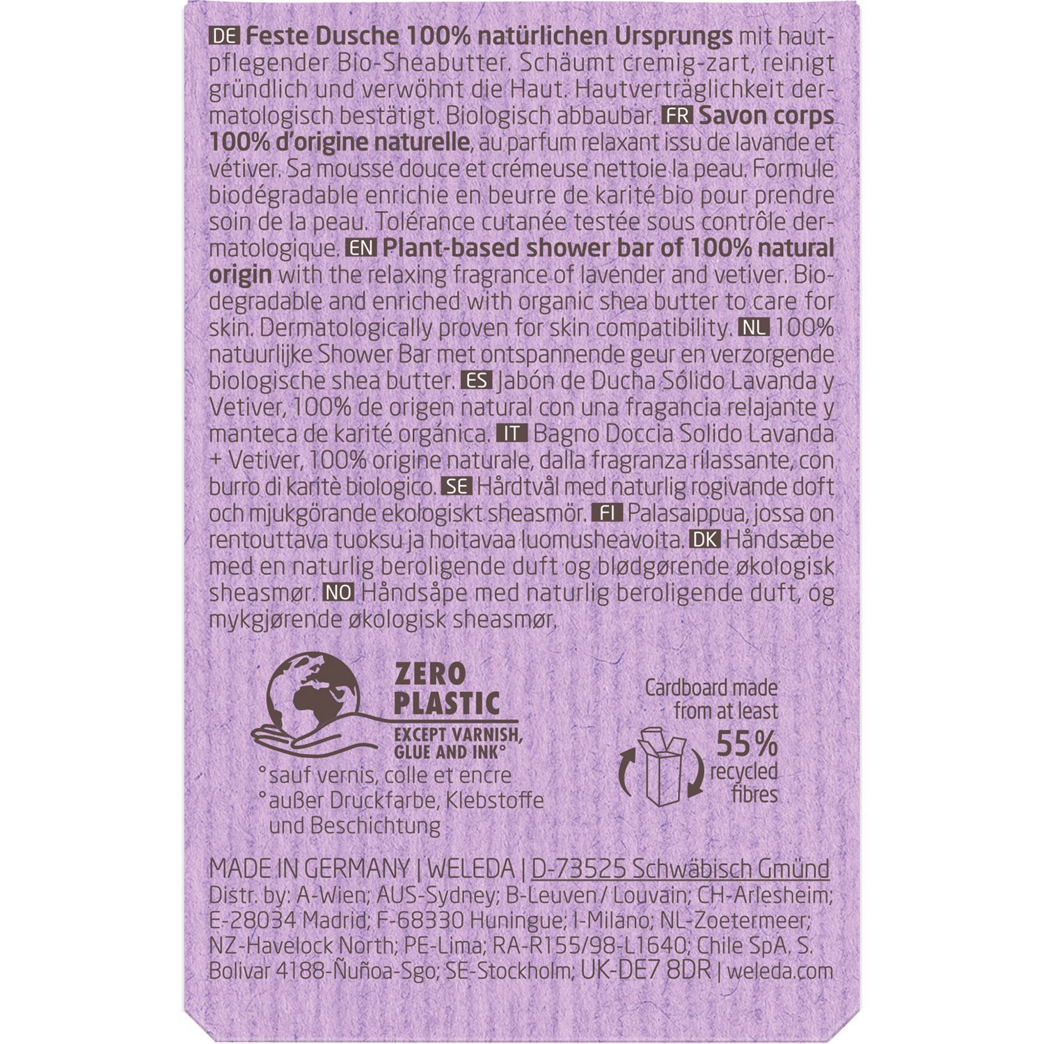 Rückseite einer lilafarbenen Produktverpackung. Text in mehreren Sprachen, u.a. "Plant-based shower bar".