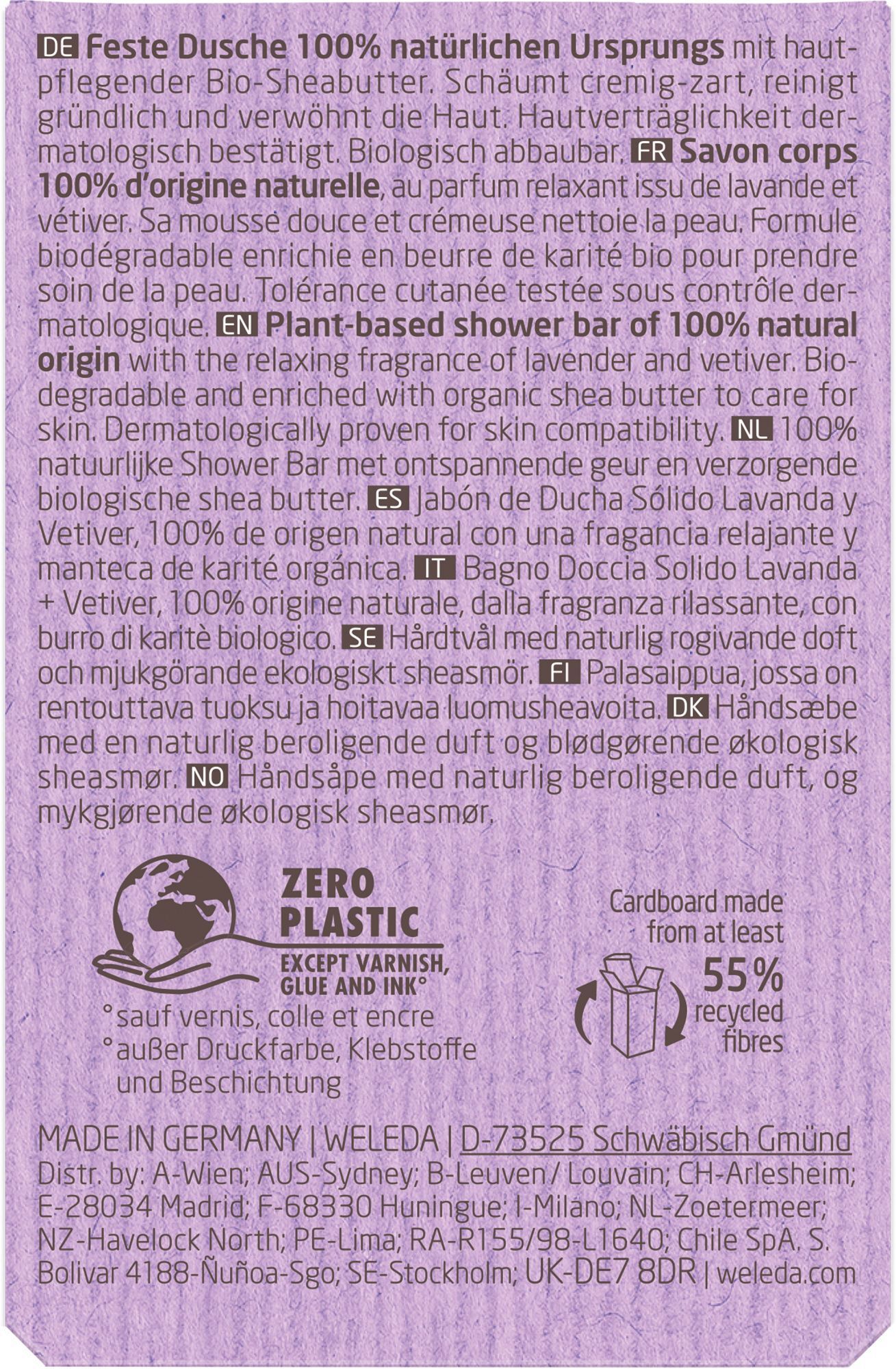 Rückseite einer lilafarbenen Produktverpackung. Text in mehreren Sprachen, u.a. "Plant-based shower bar".